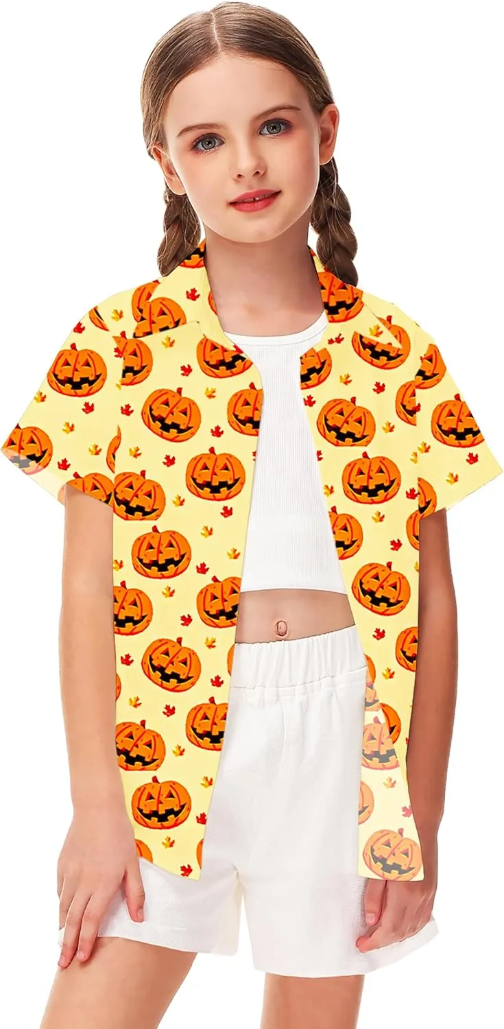 Remimi Unisex Kids Halloween Shirt Holiday Hawaiian Tops Short Sleeve Ugly Button Up 5-14 Years