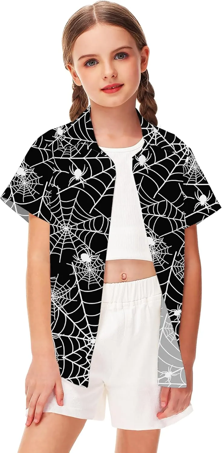 Remimi Unisex Kids Halloween Shirt Holiday Hawaiian Tops Short Sleeve Ugly Button Up 5-14 Years