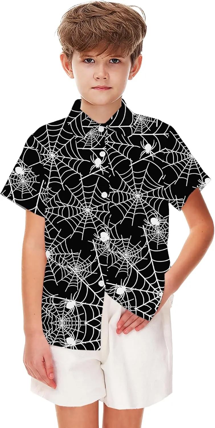 Remimi Unisex Kids Halloween Shirt Holiday Hawaiian Tops Short Sleeve Ugly Button Up 5-14 Years