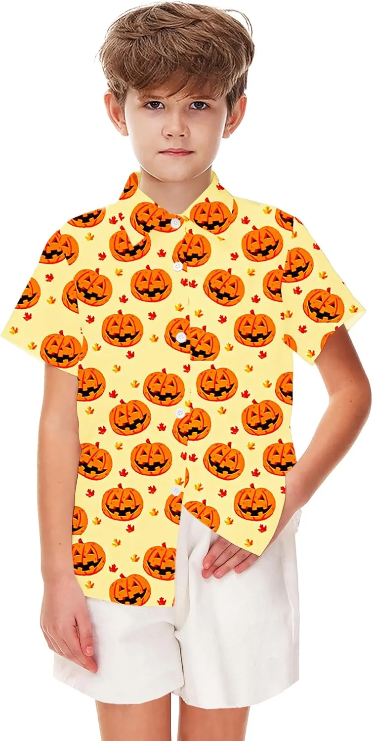 Remimi Unisex Kids Halloween Shirt Holiday Hawaiian Tops Short Sleeve Ugly Button Up 5-14 Years