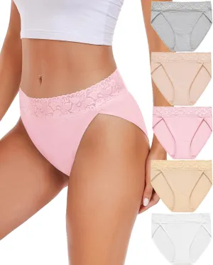 RHYFF Womens Underwear Cotton Bikini Panties High Cut Lace Panty Stretch Hipster Underpants Ladies Briefs S-XXL