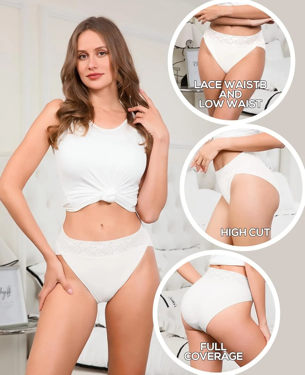 RHYFF Womens Underwear Cotton Bikini Panties High Cut Lace Panty Stretch Hipster Underpants Ladies Briefs S-XXL