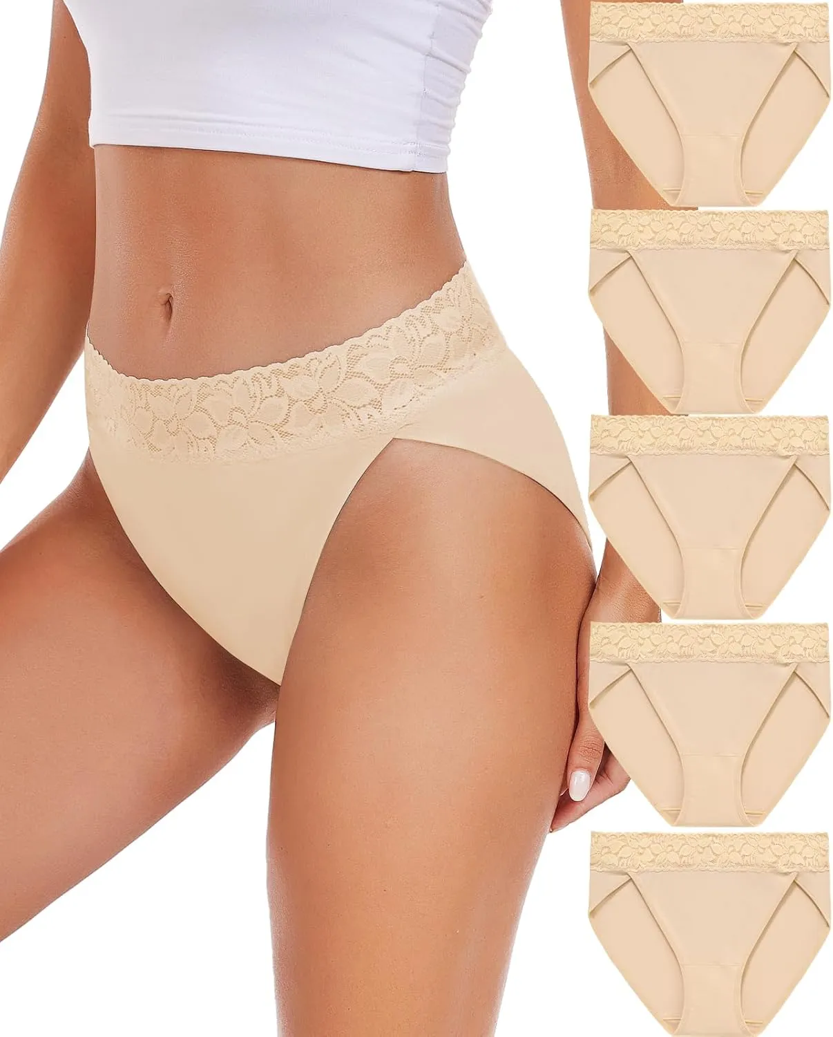 RHYFF Womens Underwear Cotton Bikini Panties High Cut Lace Panty Stretch Hipster Underpants Ladies Briefs S-XXL