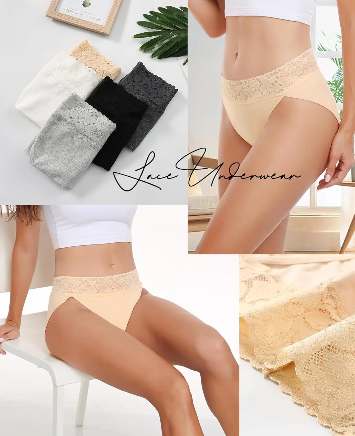 RHYFF Womens Underwear Cotton Bikini Panties High Cut Lace Panty Stretch Hipster Underpants Ladies Briefs S-XXL