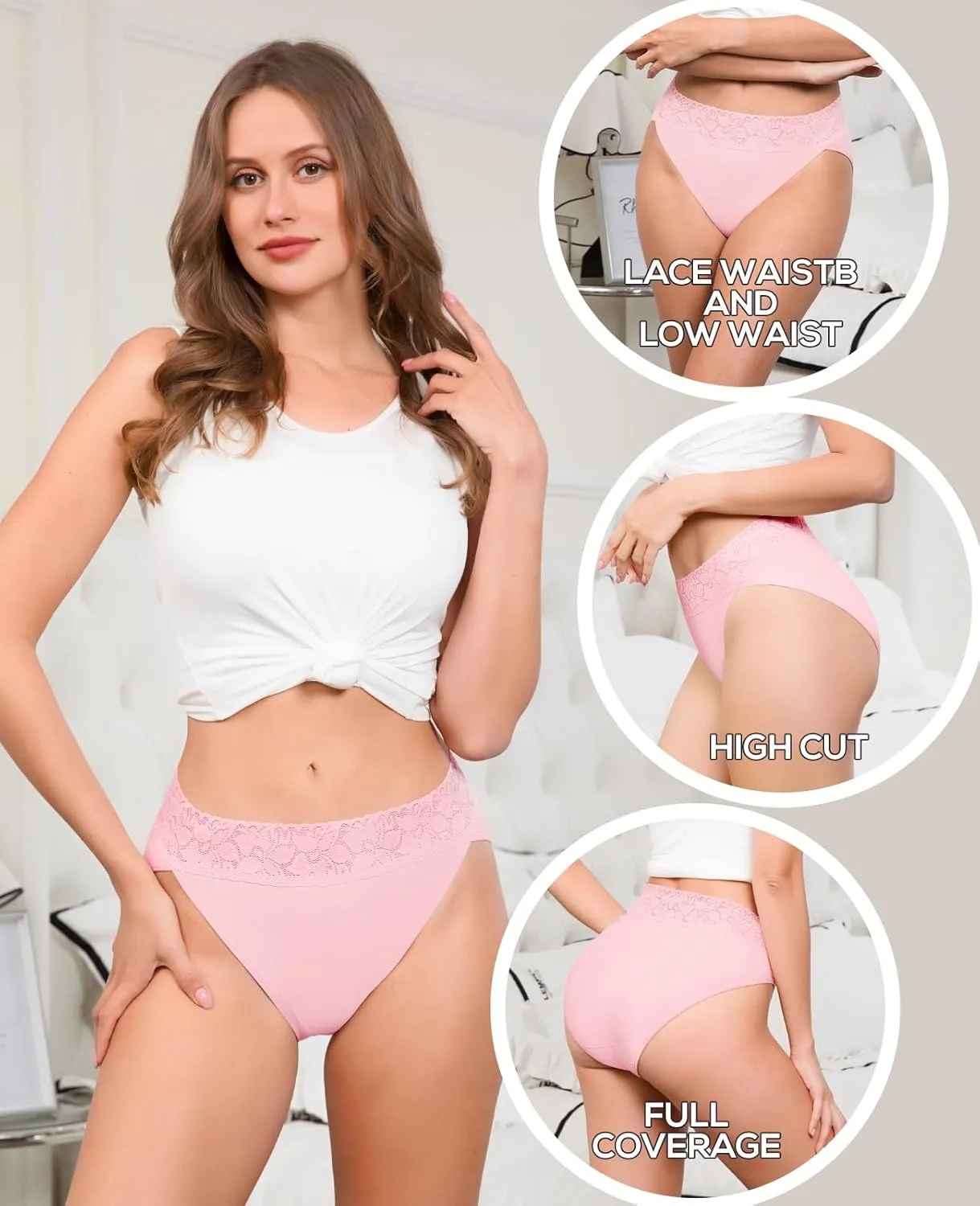 RHYFF Womens Underwear Cotton Bikini Panties High Cut Lace Panty Stretch Hipster Underpants Ladies Briefs S-XXL