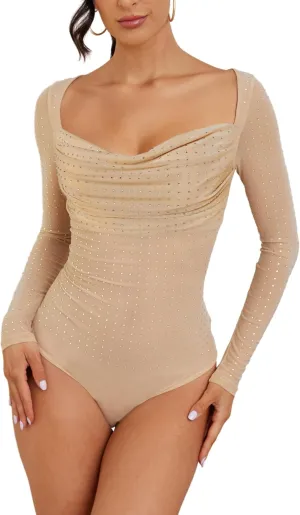 SEBOWEL Womens Rhinestone Sheer Mesh Bodysuit Glitter Sparkly Square Neck Long Sleeve Bodysuit Ruched Sheer Going Out Tops