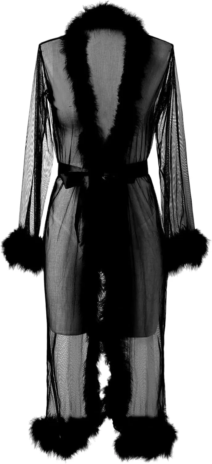 Sexy Tulle Feather Robes for Women Sheer Mesh Fur Illusion Nightgown Bridal Lingerie Bathrobe Photoshoot Dress