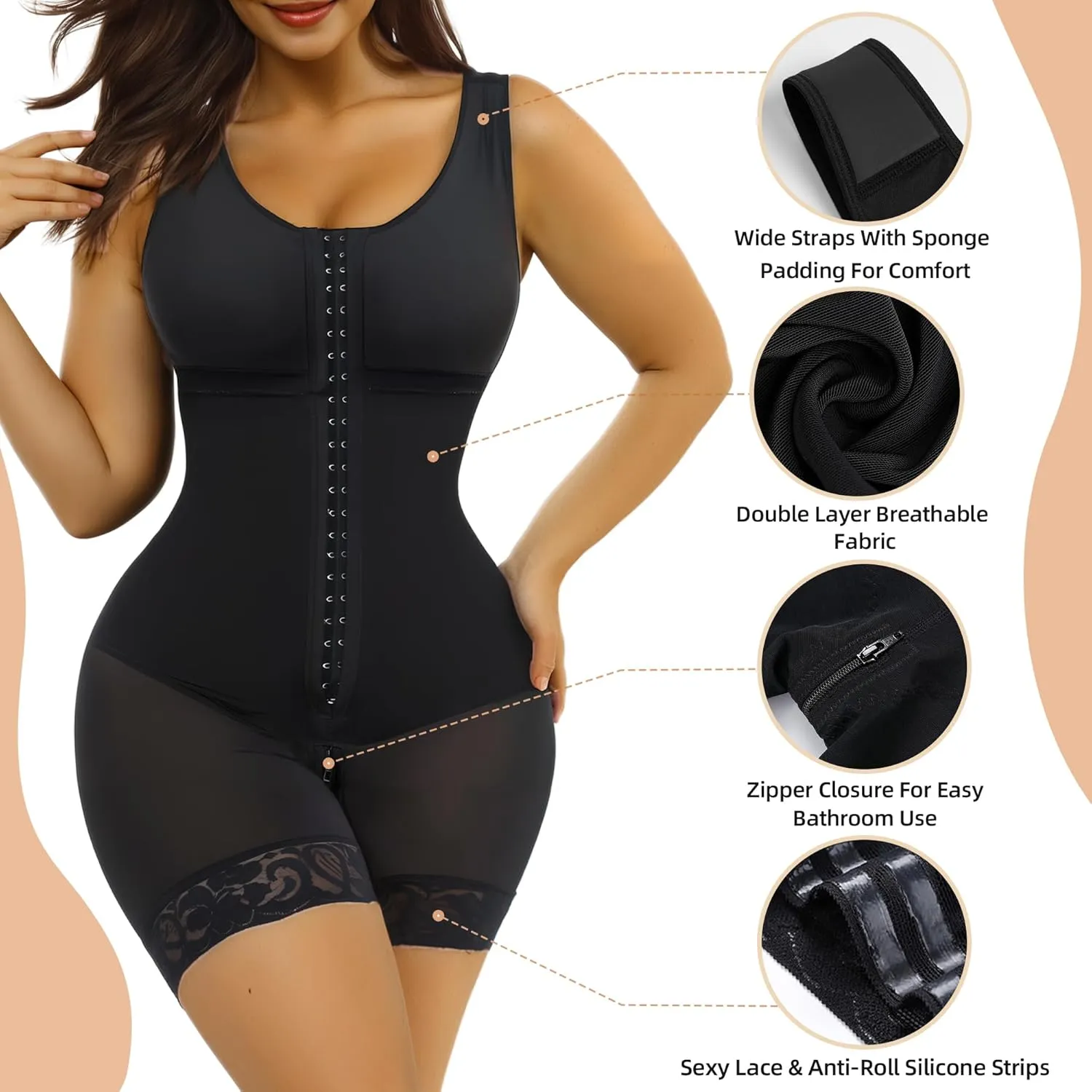 SHAPERX Women's Fajas Colombianas Tummy Control Shapewear Postpartum Full Body Shaper Butt Lifter Bodysuit (No Padding)