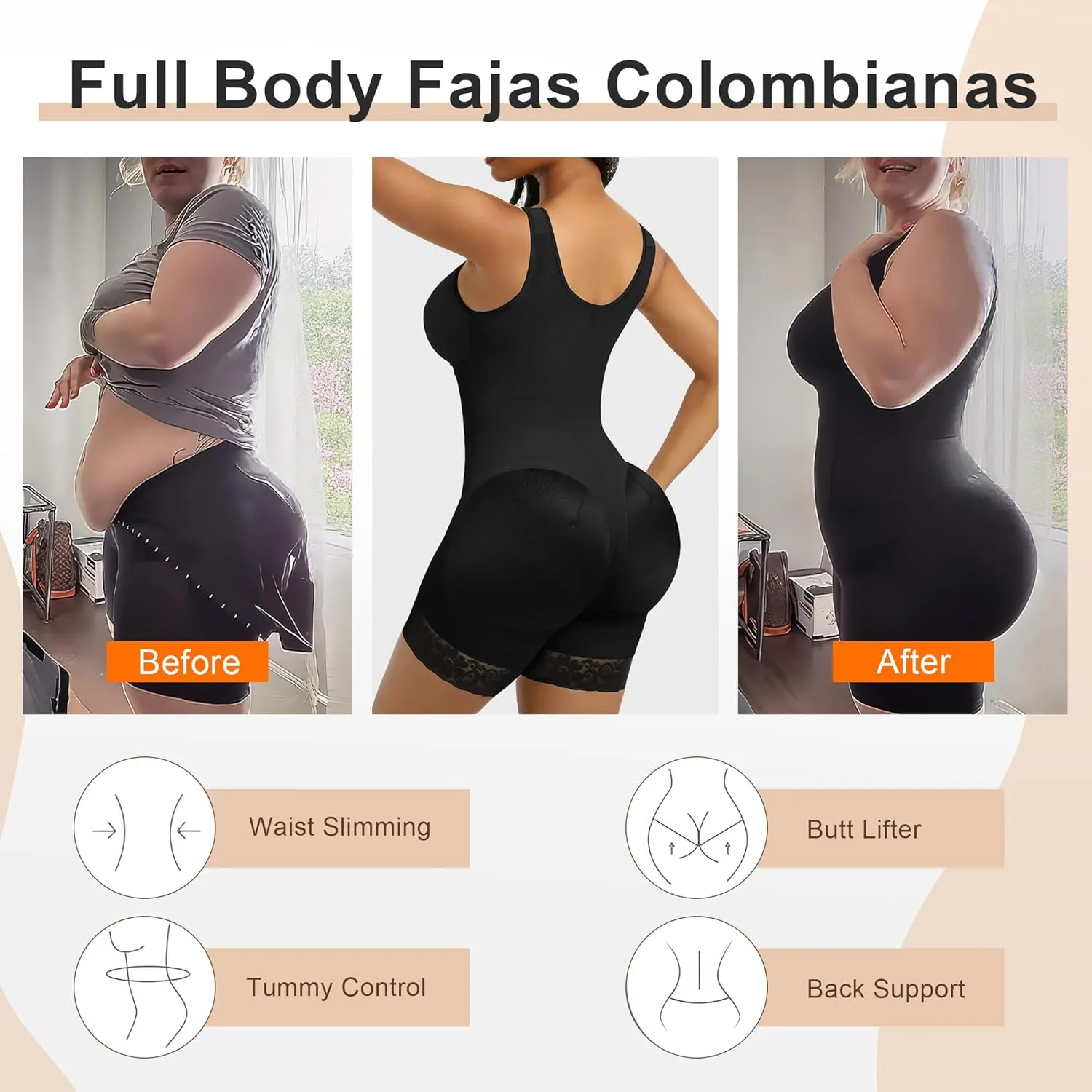 SHAPERX Women's Fajas Colombianas Tummy Control Shapewear Postpartum Full Body Shaper Butt Lifter Bodysuit (No Padding)