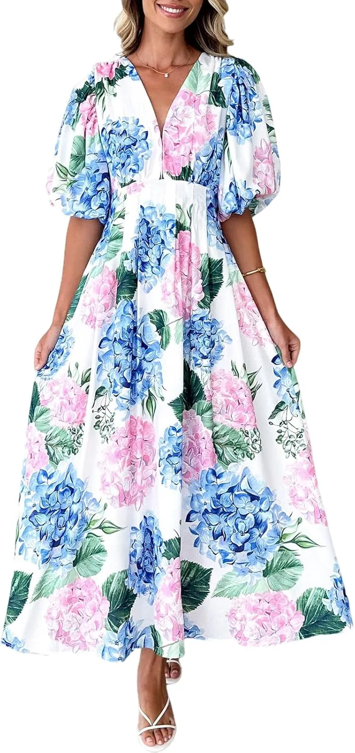 Sissyaki Women's Boho Floral Midi Dress Smocked Beach Flowy Dress