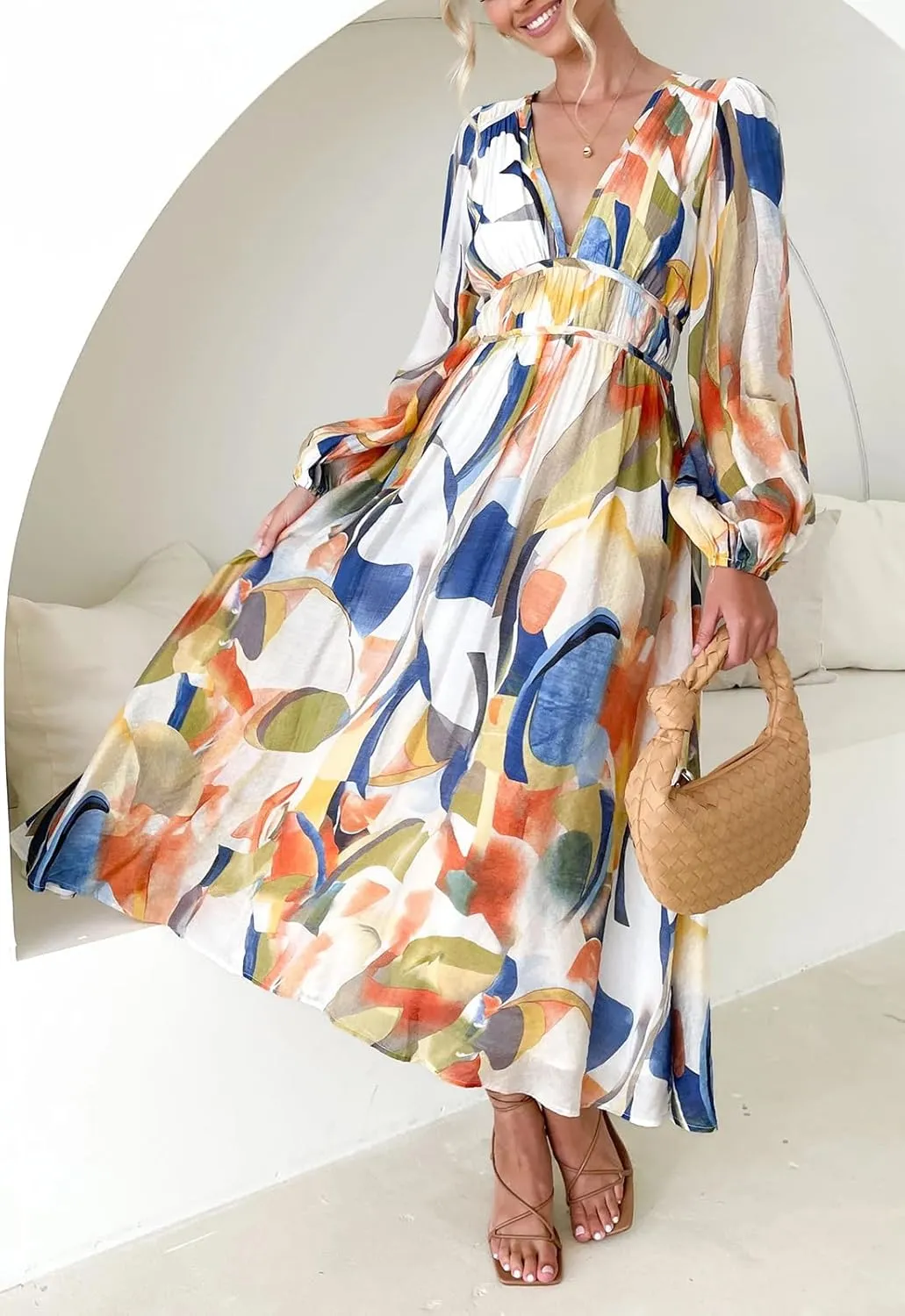 Sissyaki Women's Long Sleeve Boho Floral Maxi Dress Smocked Beach Flowy Dress