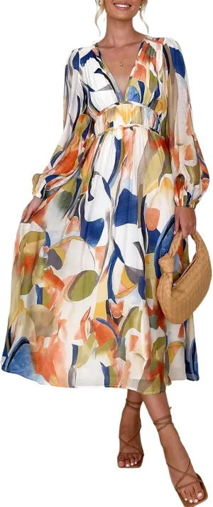 Sissyaki Women's Long Sleeve Boho Floral Maxi Dress Smocked Beach Flowy Dress