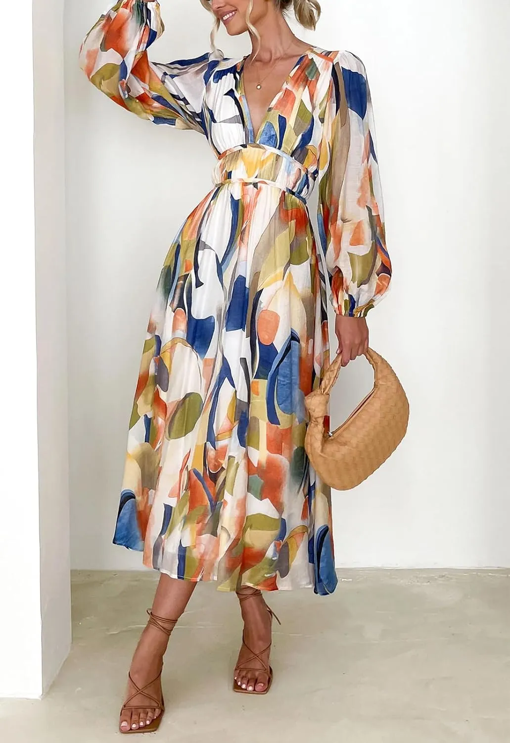 Sissyaki Women's Long Sleeve Boho Floral Maxi Dress Smocked Beach Flowy Dress