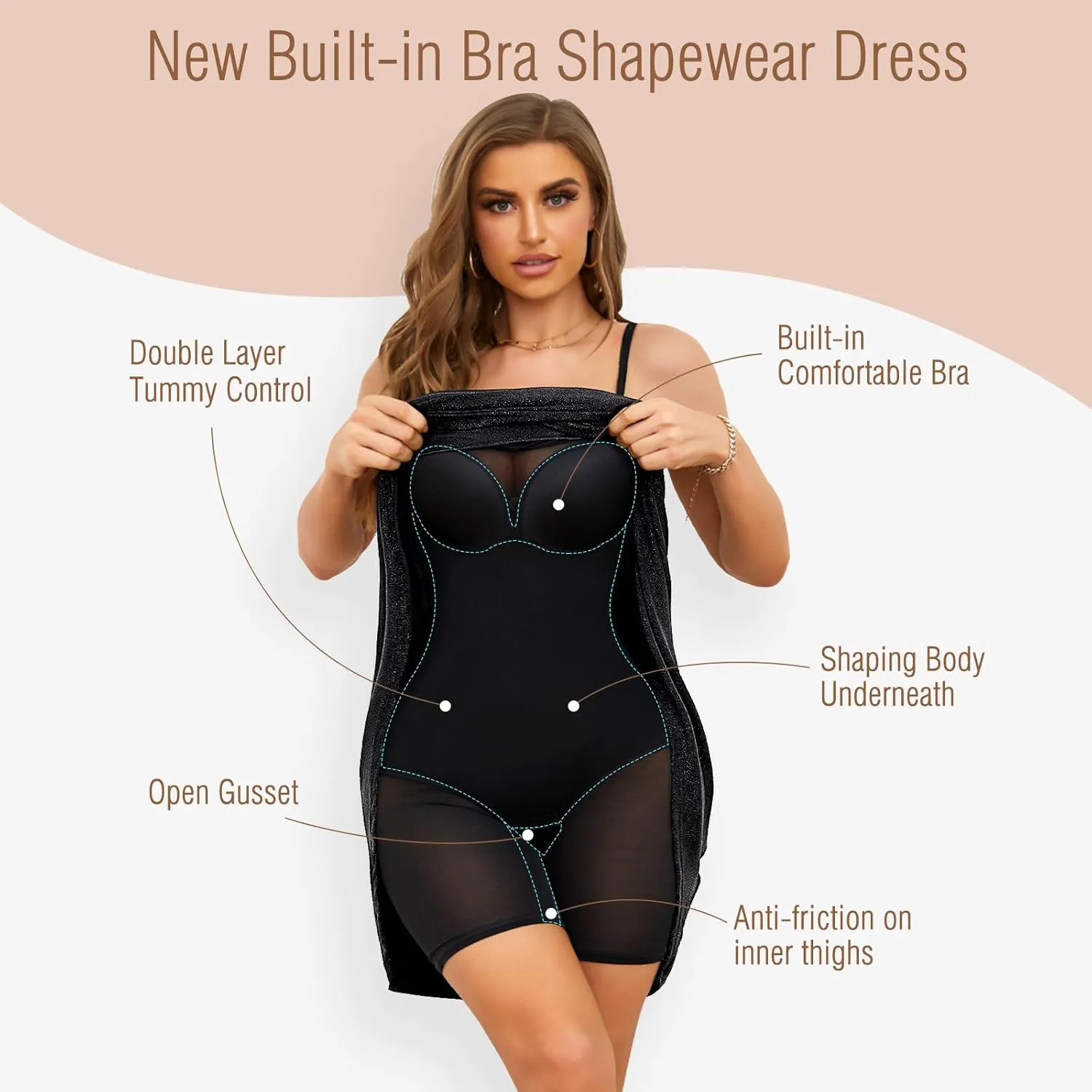 Slimers Women's Wedding Guest Shapewear Dresses Buit in Bra Layered Formal Spaghetti Strap Backless Full Slips Bodycon Dress