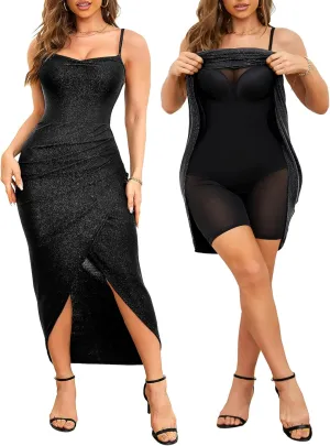 Slimers Women's Wedding Guest Shapewear Dresses Buit in Bra Layered Formal Spaghetti Strap Backless Full Slips Bodycon Dress