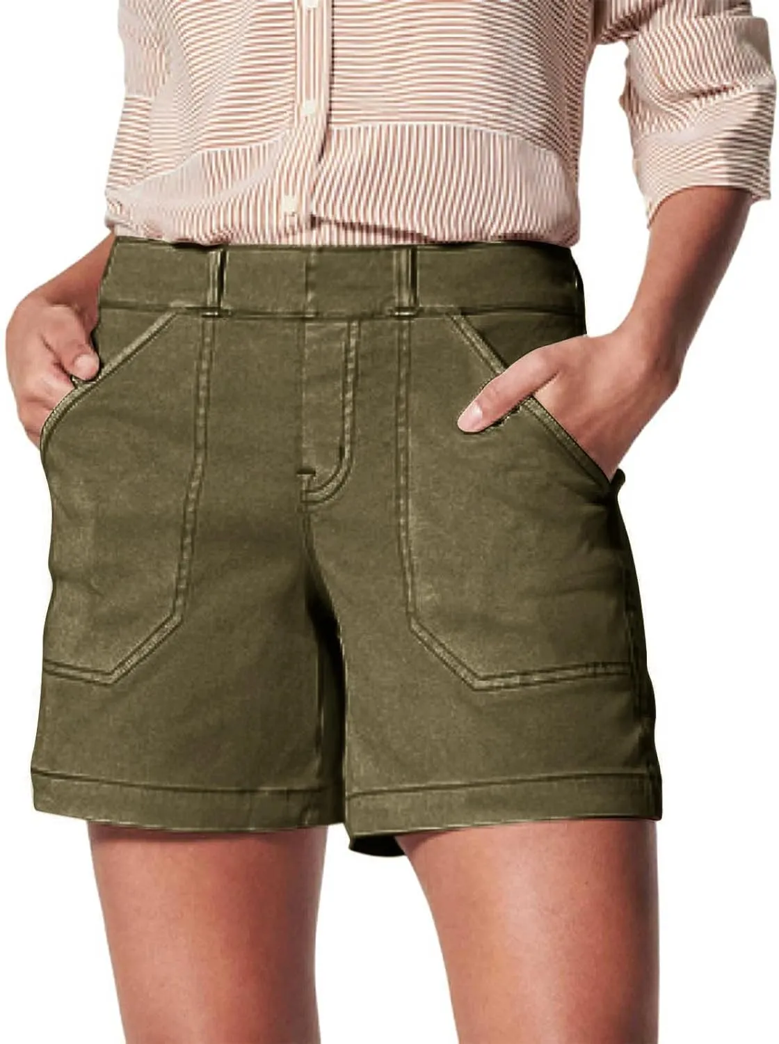 Summer Shorts for Women 2025 Trendy Plus Size Chino Shorts Stretchy High Waist Tummy Control Short Pants with Pocket
