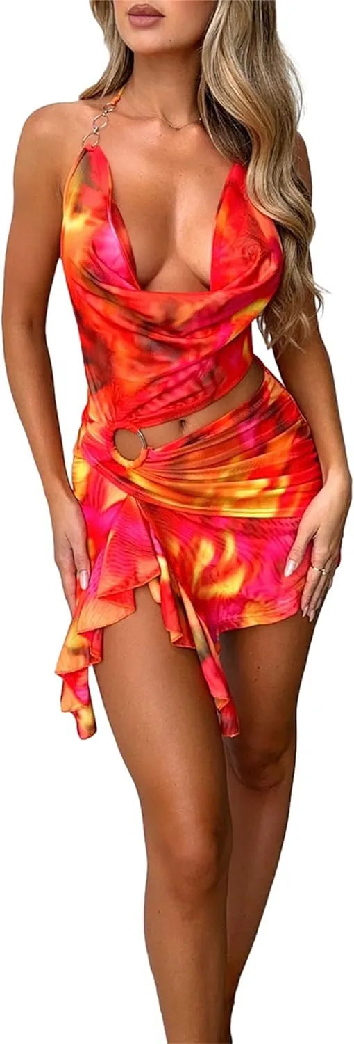 Thopavenoir Women Sexy Cut Out Mini Dress Tie Dye Halter Neck Ruffle Short Dresses Bodycon Plunge Neck Beach Sundress