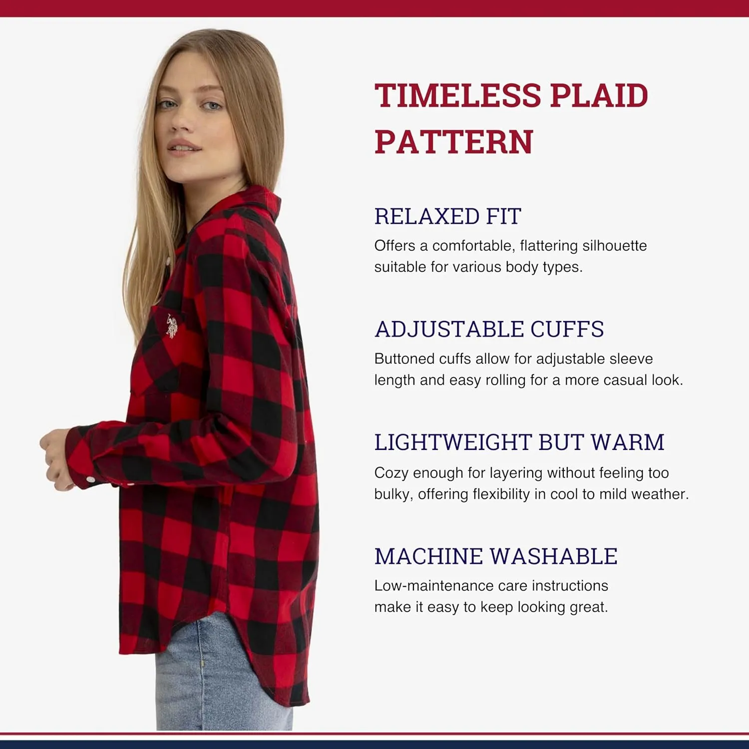 U.S. Polo Assn. Women's Flannel Button Down Shirt with Adjustable Sleeve Cuffs, Casual Long Sleeve Flannel Top for Women