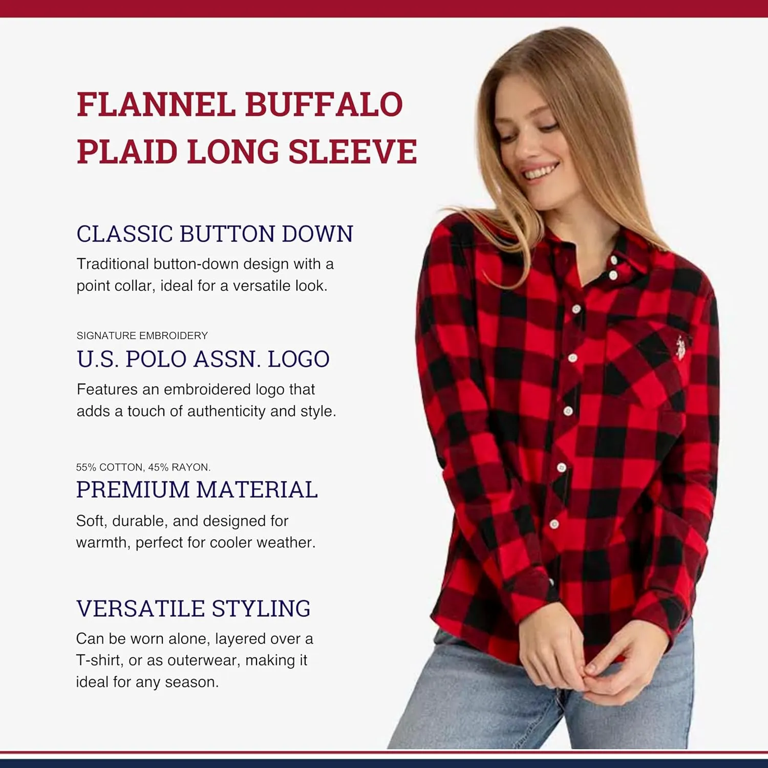 U.S. Polo Assn. Women's Flannel Button Down Shirt with Adjustable Sleeve Cuffs, Casual Long Sleeve Flannel Top for Women