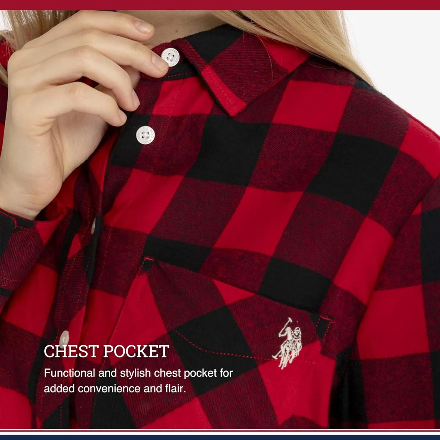 U.S. Polo Assn. Women's Flannel Button Down Shirt with Adjustable Sleeve Cuffs, Casual Long Sleeve Flannel Top for Women