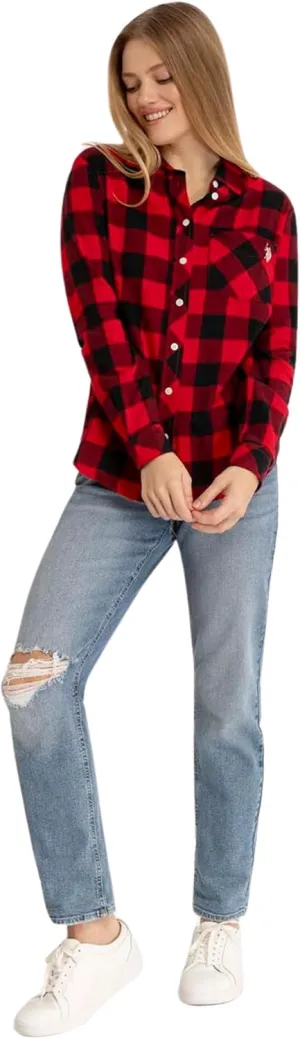 U.S. Polo Assn. Women's Flannel Button Down Shirt with Adjustable Sleeve Cuffs, Casual Long Sleeve Flannel Top for Women