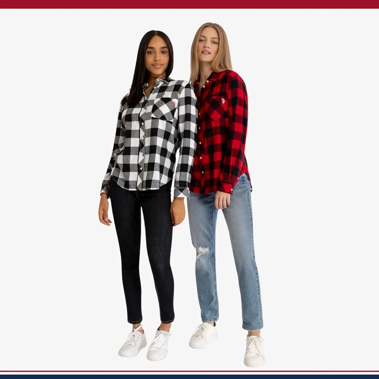 U.S. Polo Assn. Women's Flannel Button Down Shirt with Adjustable Sleeve Cuffs, Casual Long Sleeve Flannel Top for Women