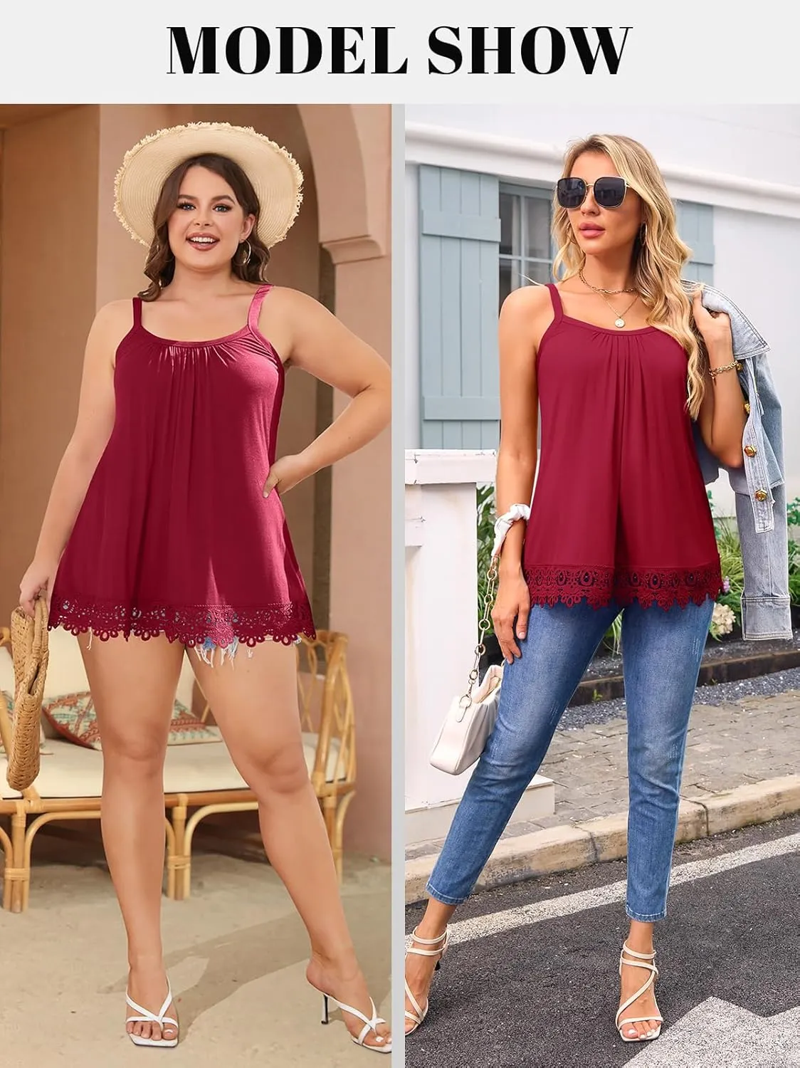 V FOR CITY Womens Flowy Lace Camisole with Built in Bra Adjustable Straps Loose Scoop Neck Tank Top