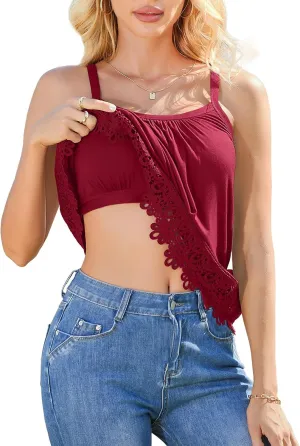 V FOR CITY Womens Flowy Lace Camisole with Built in Bra Adjustable Straps Loose Scoop Neck Tank Top