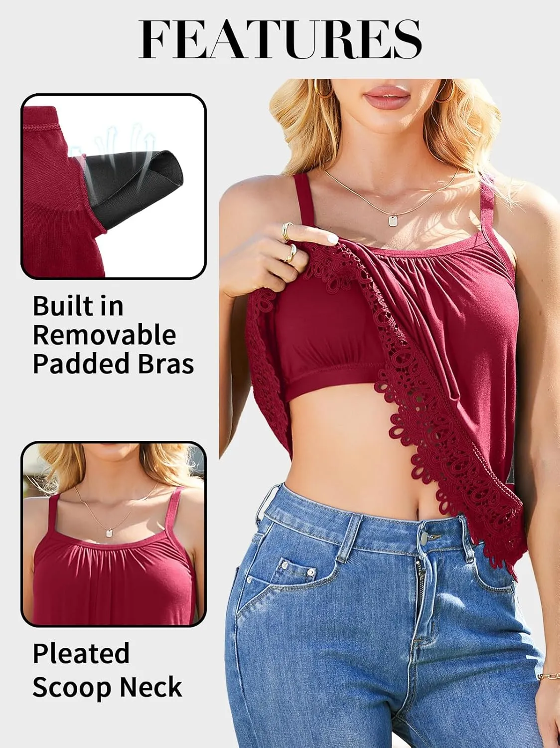 V FOR CITY Womens Flowy Lace Camisole with Built in Bra Adjustable Straps Loose Scoop Neck Tank Top