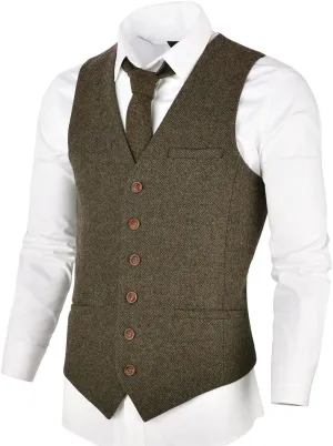 VOBOOM Men's Slim Fit Herringbone Tweed Suits Vest Premium Wool Blend Waistcoat