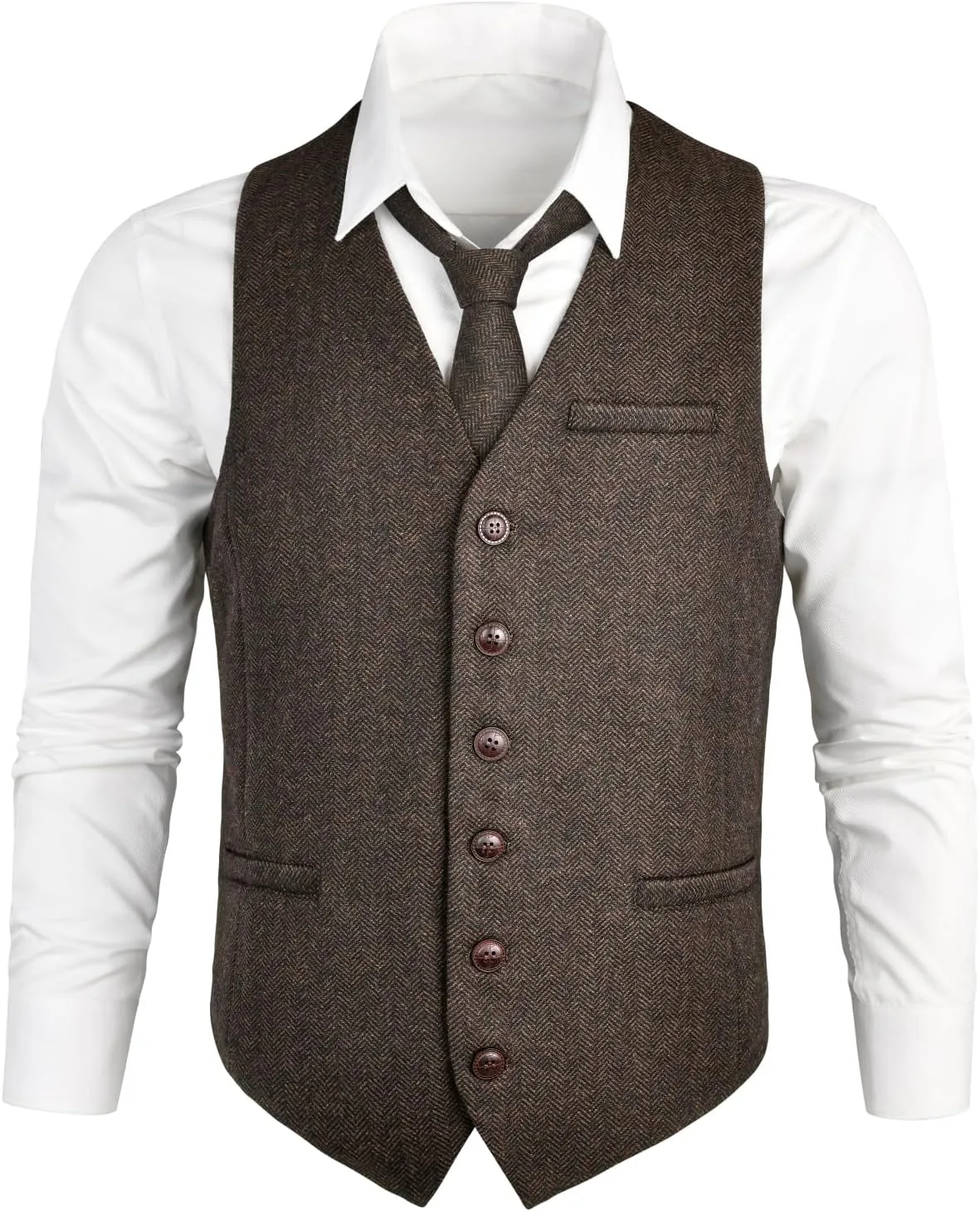 VOBOOM Men's Slim Fit Herringbone Tweed Suits Vest Premium Wool Blend Waistcoat
