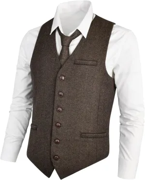 VOBOOM Men's Slim Fit Herringbone Tweed Suits Vest Premium Wool Blend Waistcoat