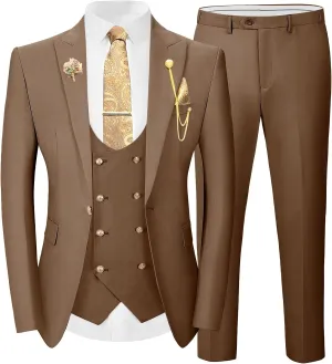 Wangyue 3 Pieces Suits for Men Slim Fit Gold Button Double Breasted Suit Tuxedos Wedding Prom Suit Blazer Vest Pants Set