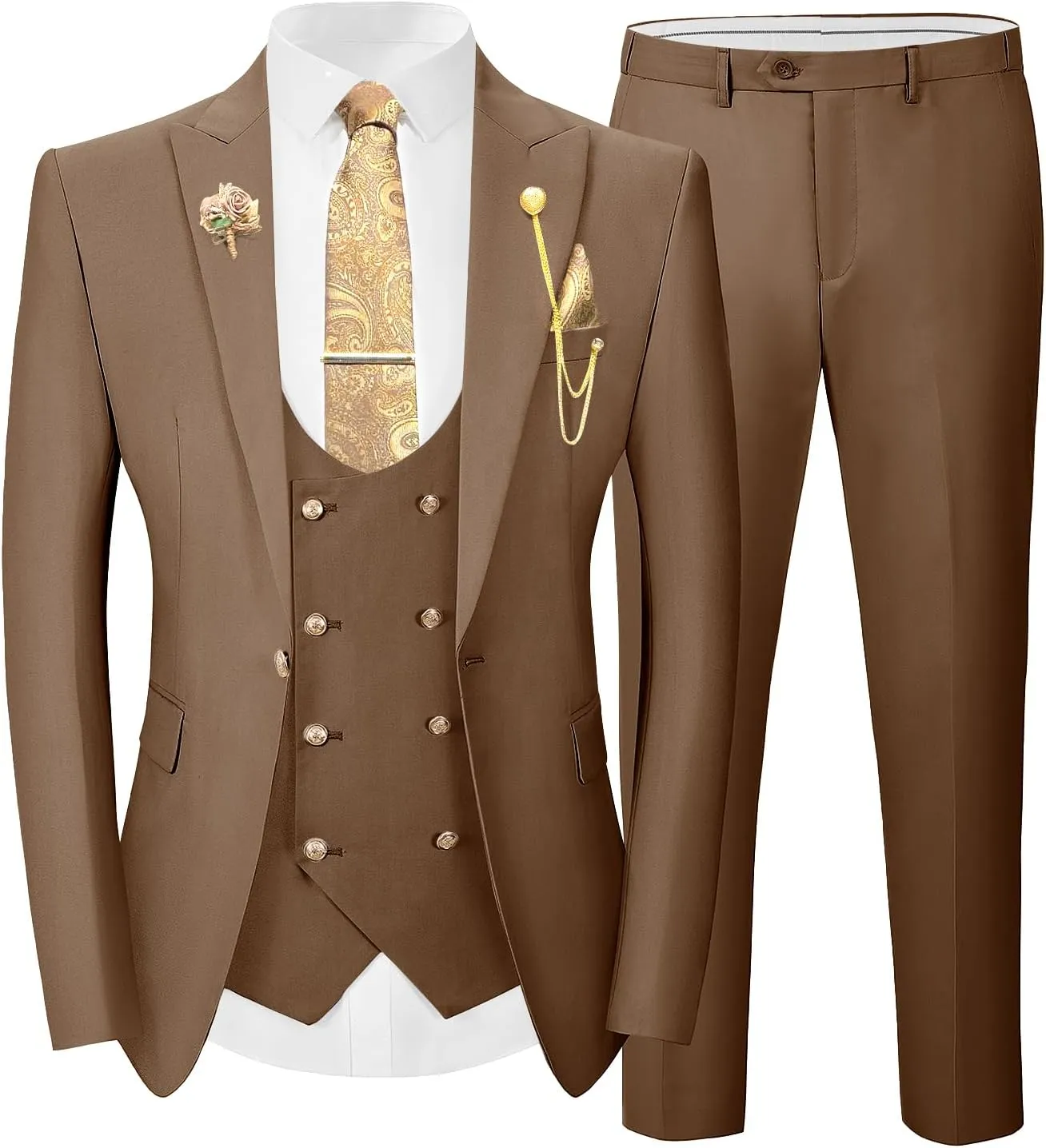 Wangyue 3 Pieces Suits for Men Slim Fit Gold Button Double Breasted Suit Tuxedos Wedding Prom Suit Blazer Vest Pants Set