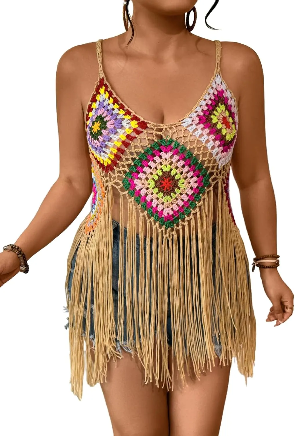 WDIRARA Women's Plus Size Floral Crochet Cami Top Boho Hollow Out Fringe Sleeveless Cover Up Tops