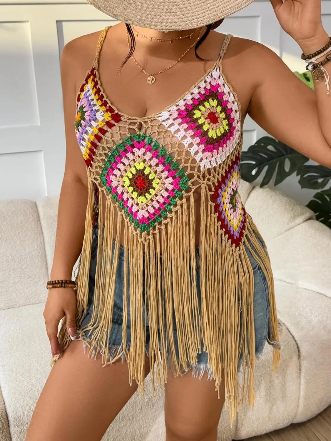 WDIRARA Women's Plus Size Floral Crochet Cami Top Boho Hollow Out Fringe Sleeveless Cover Up Tops
