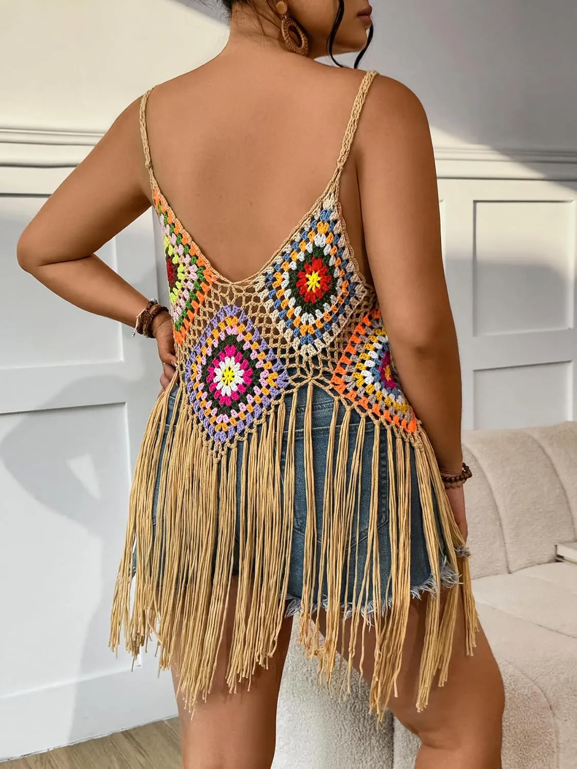 WDIRARA Women's Plus Size Floral Crochet Cami Top Boho Hollow Out Fringe Sleeveless Cover Up Tops