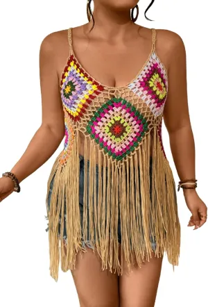 WDIRARA Women's Plus Size Floral Crochet Cami Top Boho Hollow Out Fringe Sleeveless Cover Up Tops