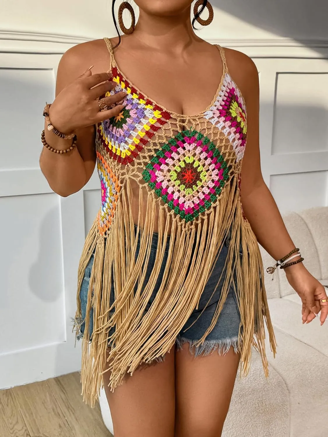 WDIRARA Women's Plus Size Floral Crochet Cami Top Boho Hollow Out Fringe Sleeveless Cover Up Tops