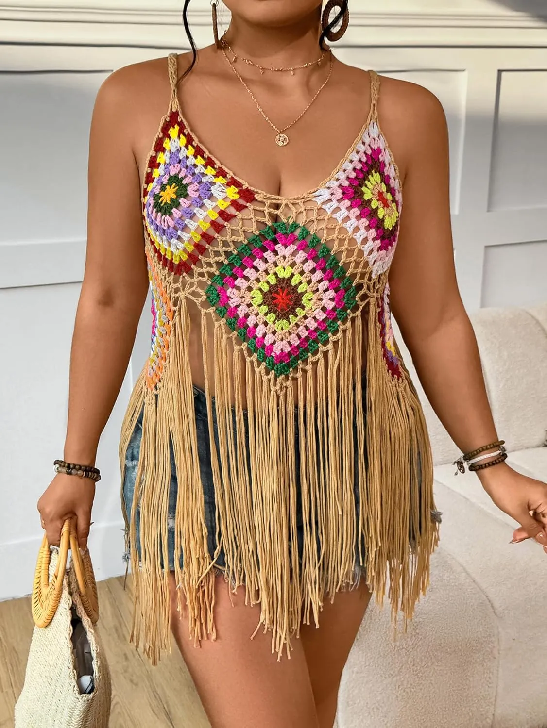 WDIRARA Women's Plus Size Floral Crochet Cami Top Boho Hollow Out Fringe Sleeveless Cover Up Tops