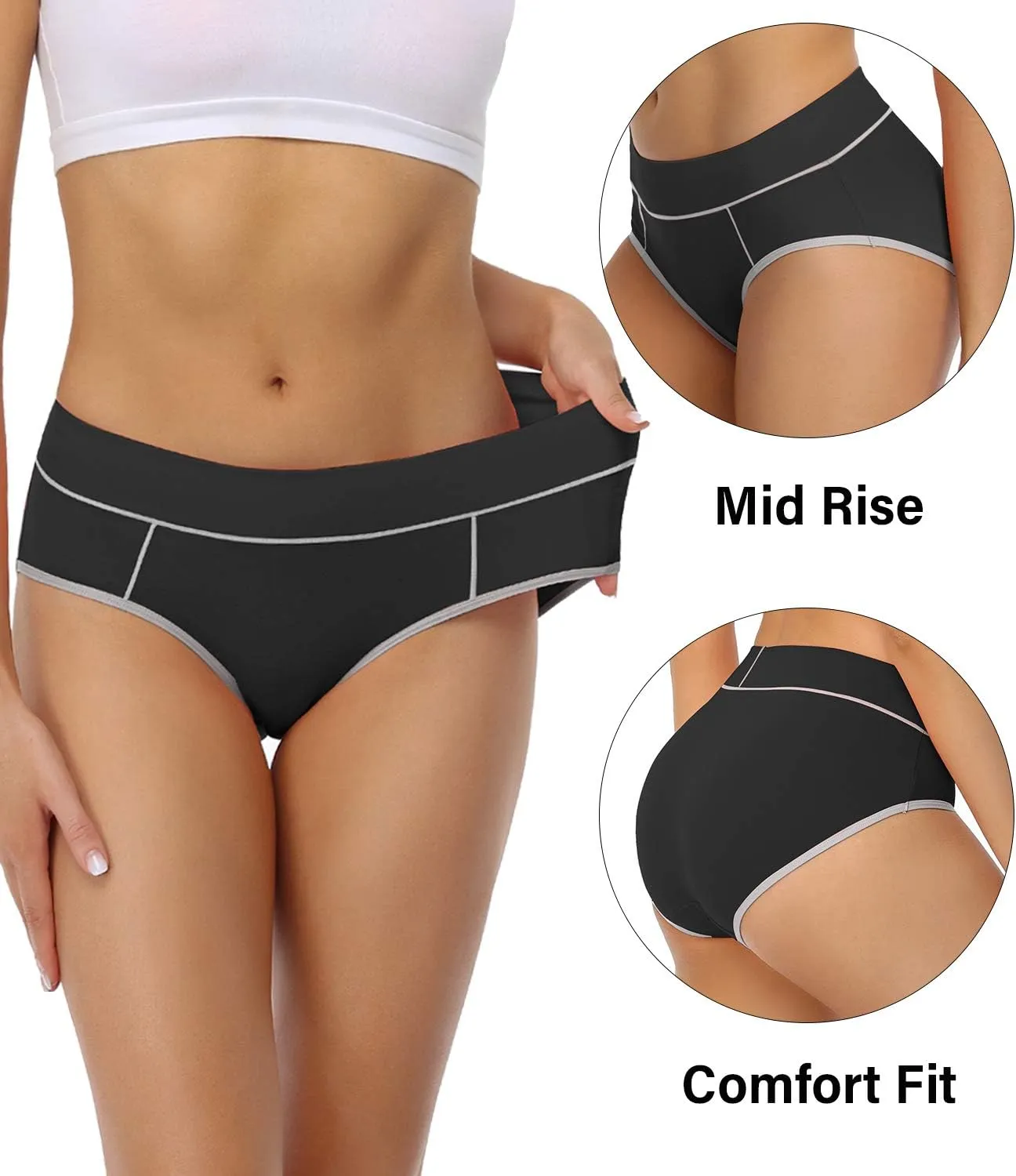 wirarpa Women's Cotton Underwear Stretch Mid Waisted Briefs Ladies Panties 5 Pack (Regular & Plus Size)