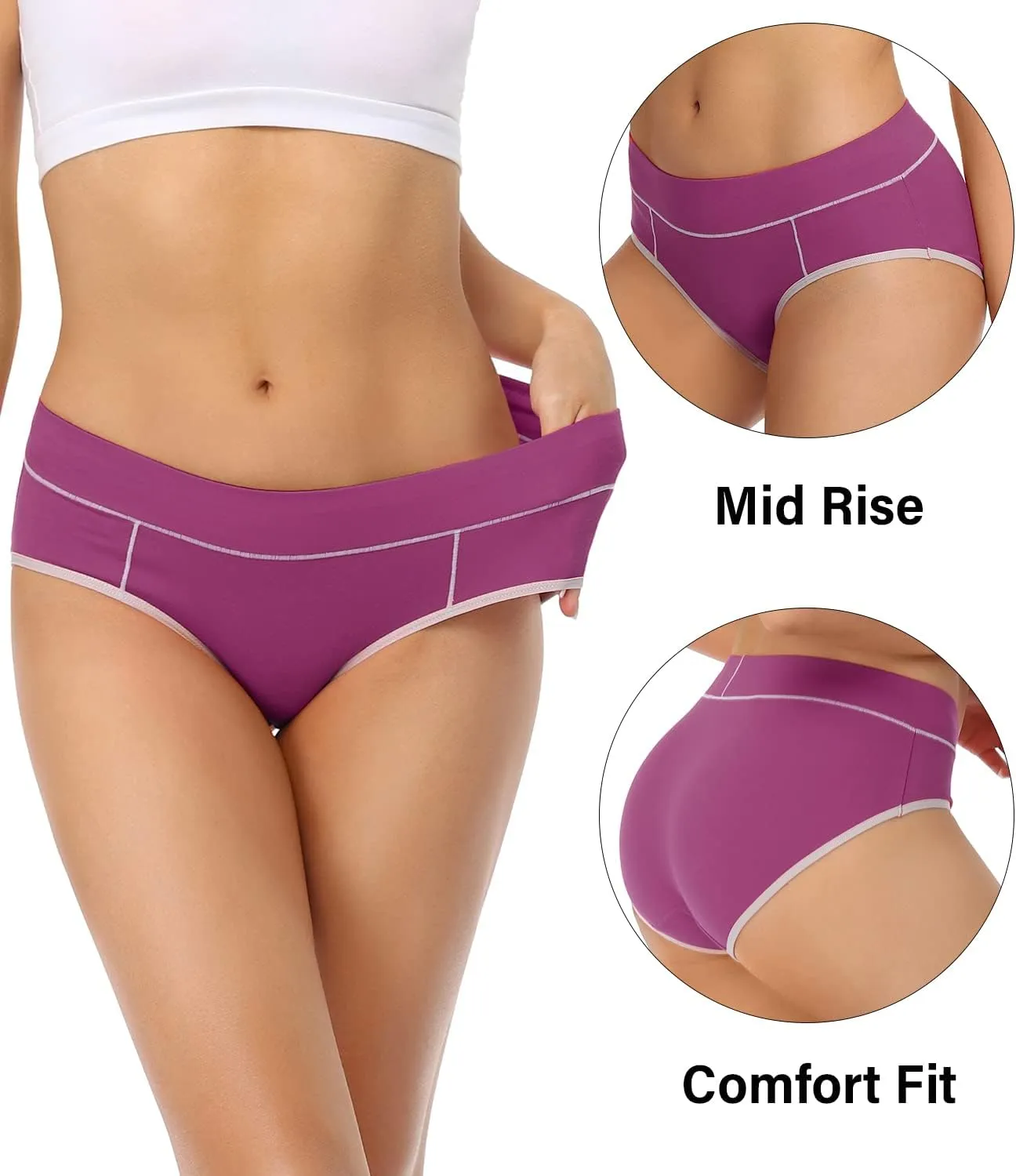 wirarpa Women's Cotton Underwear Stretch Mid Waisted Briefs Ladies Panties 5 Pack (Regular & Plus Size)