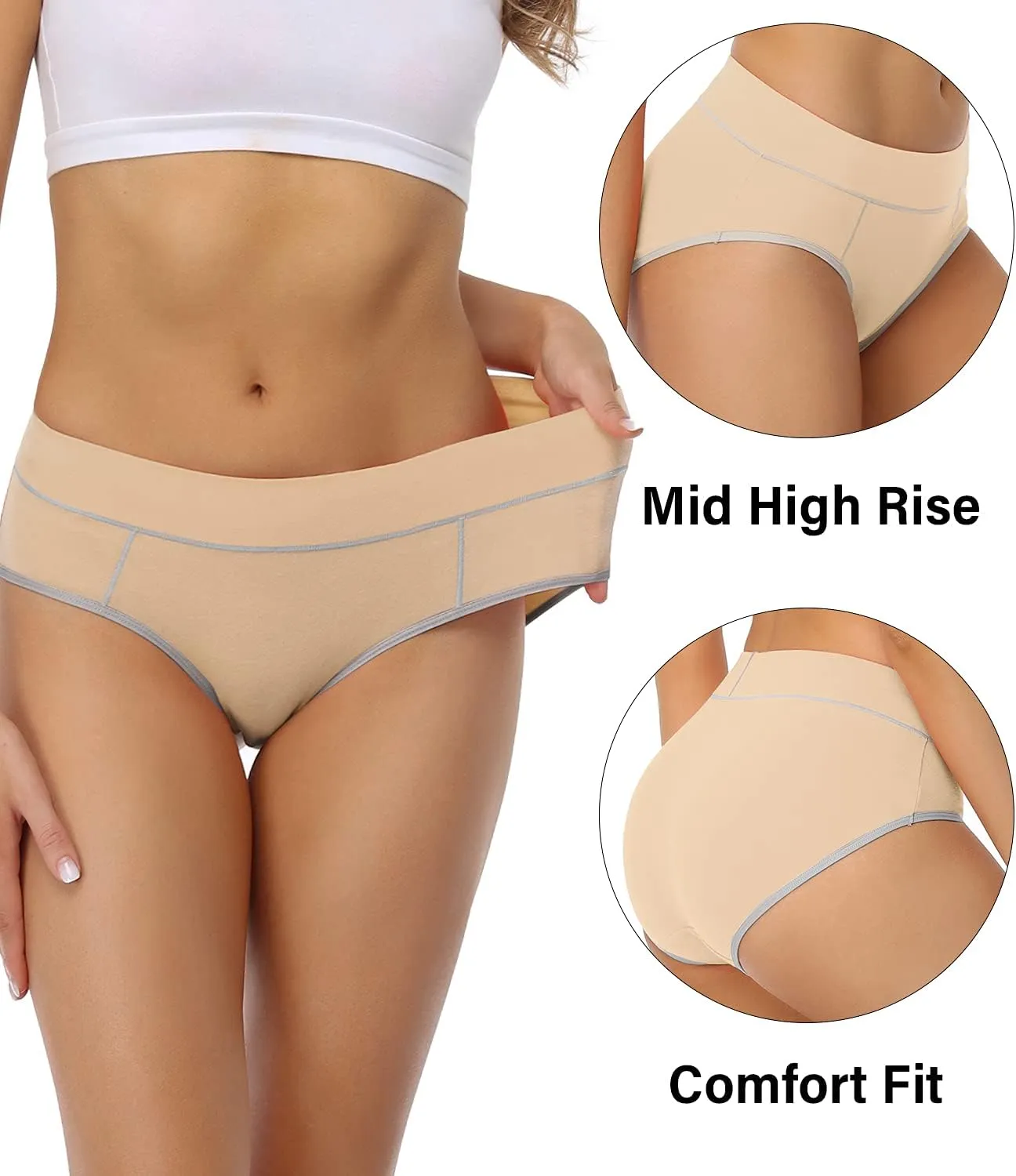 wirarpa Women's Cotton Underwear Stretch Mid Waisted Briefs Ladies Panties 5 Pack (Regular & Plus Size)