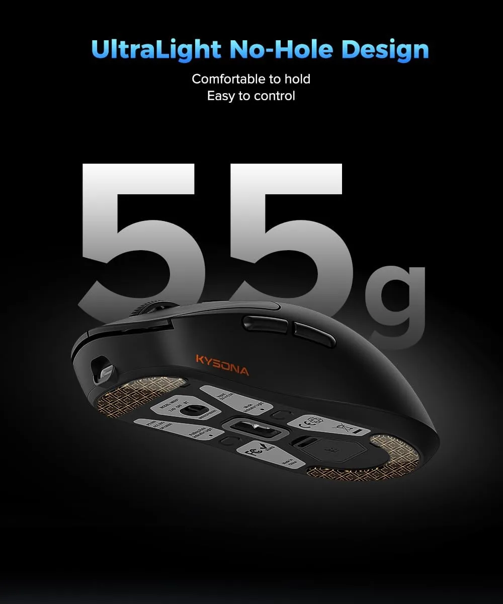 Wireless Gaming Mouse Ultralight 55g, 3395 Lag-Free Sensor, 26K DPI, 80Hrs Long Battery Life, 6 Programmable Button for PC, 3 Modes (2.4G/Wired/BT), Win with M600v2, Black