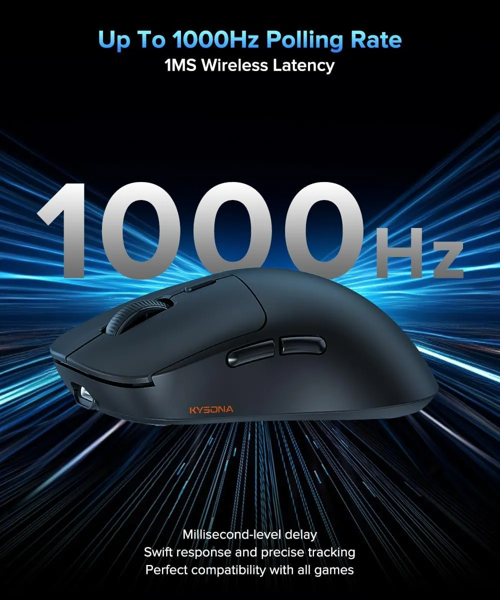 Wireless Gaming Mouse Ultralight 55g, 3395 Lag-Free Sensor, 26K DPI, 80Hrs Long Battery Life, 6 Programmable Button for PC, 3 Modes (2.4G/Wired/BT), Win with M600v2, Black