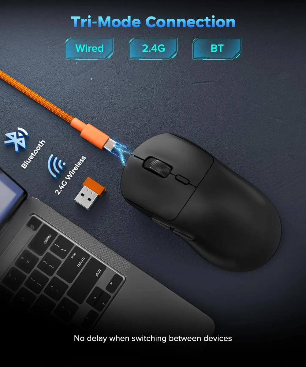 Wireless Gaming Mouse Ultralight 55g, 3395 Lag-Free Sensor, 26K DPI, 80Hrs Long Battery Life, 6 Programmable Button for PC, 3 Modes (2.4G/Wired/BT), Win with M600v2, Black