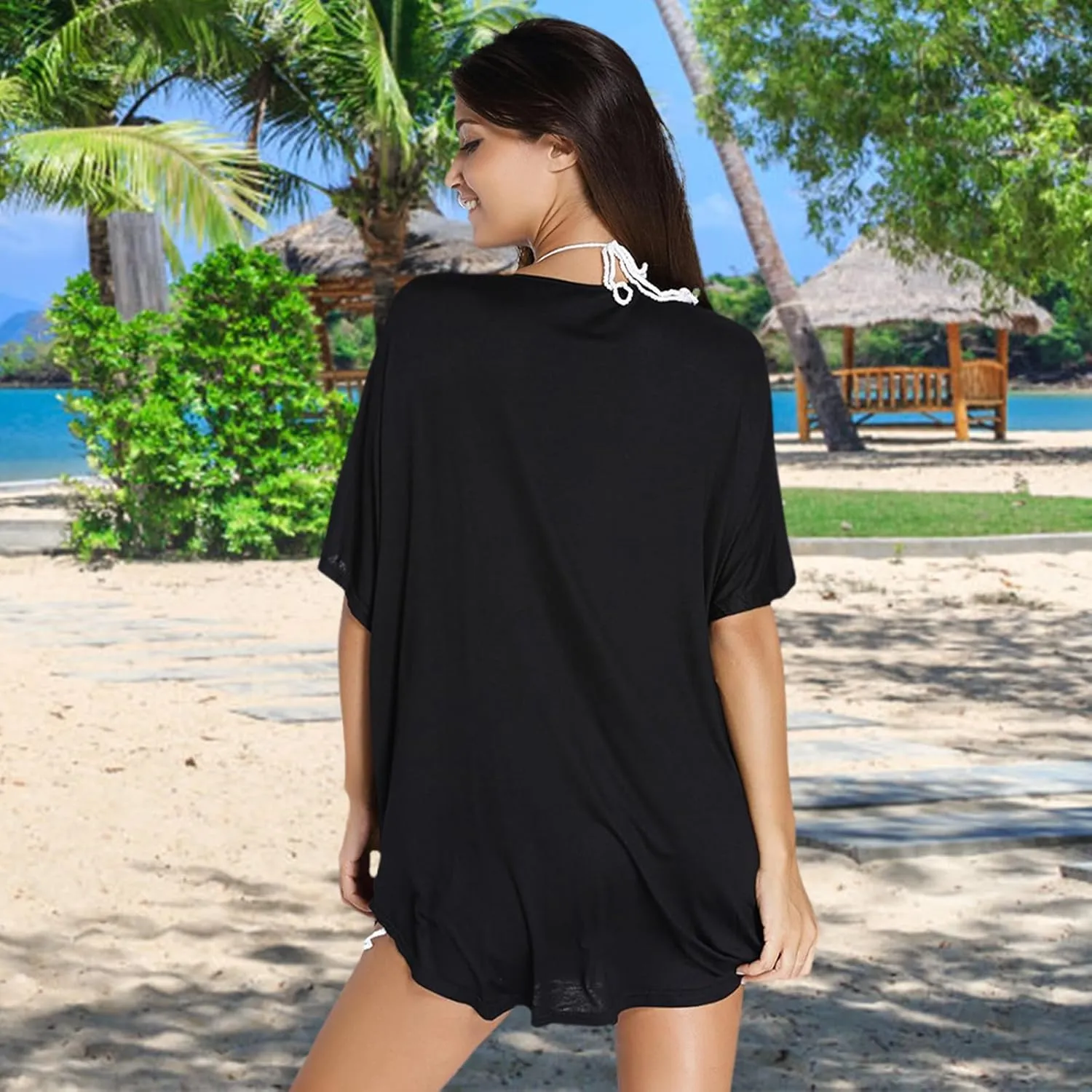 Women Swimsuit Coverup V-Neck Swimwear Bathing Suit Cover Up Cotton T-Shirt Bikini Dress