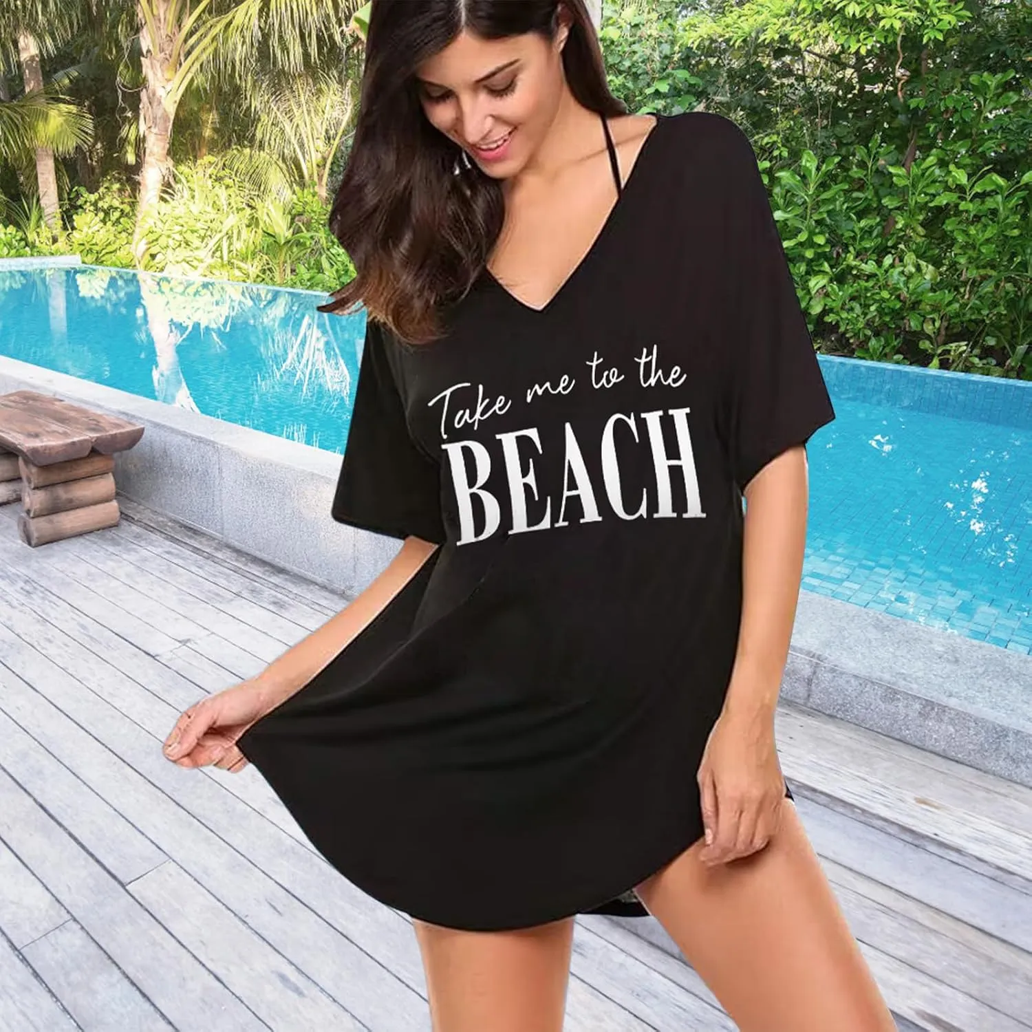 Women Swimsuit Coverup V-Neck Swimwear Bathing Suit Cover Up Cotton T-Shirt Bikini Dress
