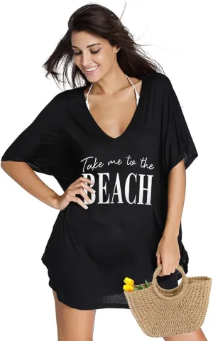 Women Swimsuit Coverup V-Neck Swimwear Bathing Suit Cover Up Cotton T-Shirt Bikini Dress