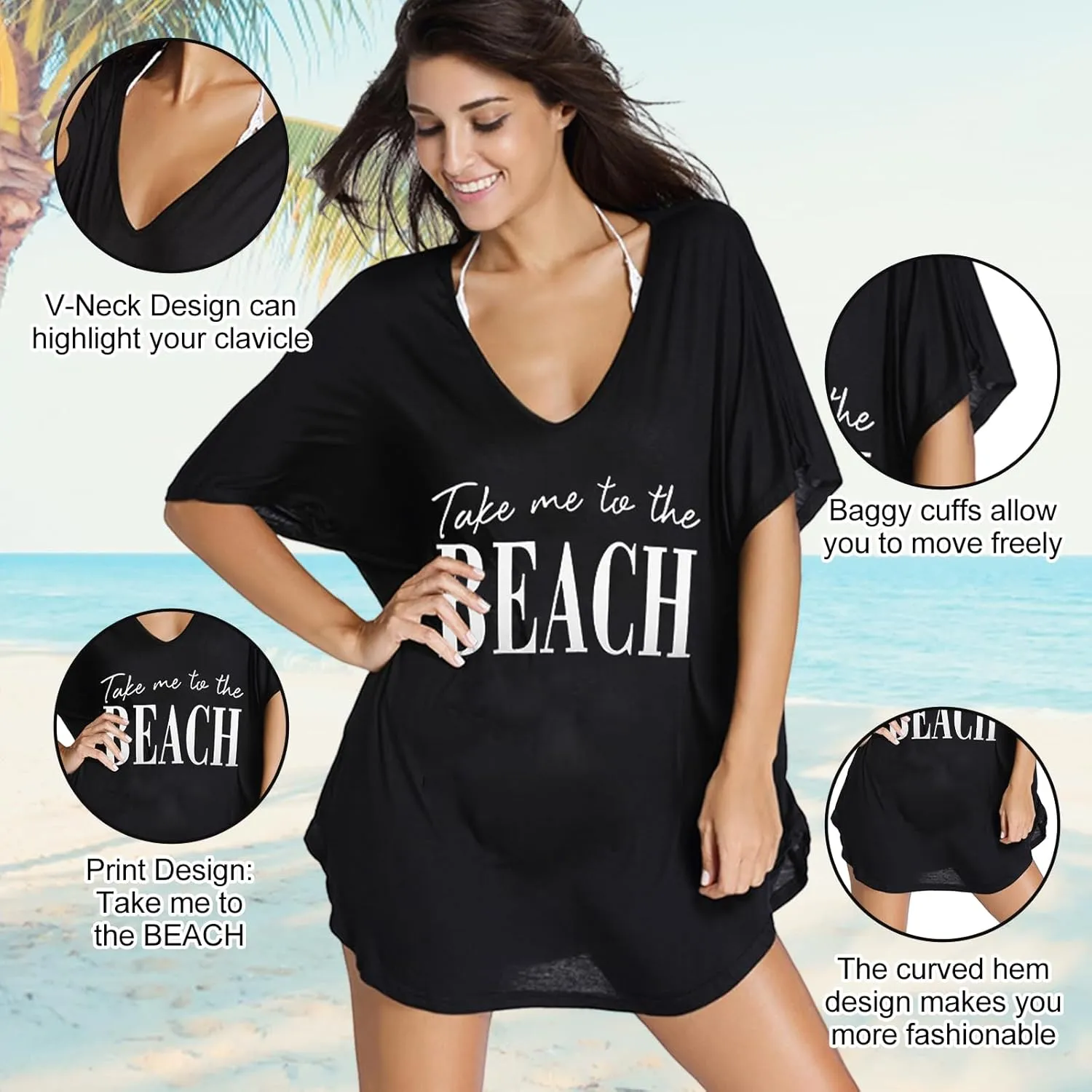 Women Swimsuit Coverup V-Neck Swimwear Bathing Suit Cover Up Cotton T-Shirt Bikini Dress
